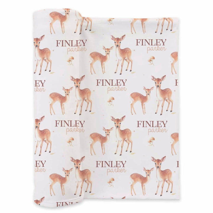 neutral deer and mushroom personalized swaddle blanket for newborns 
