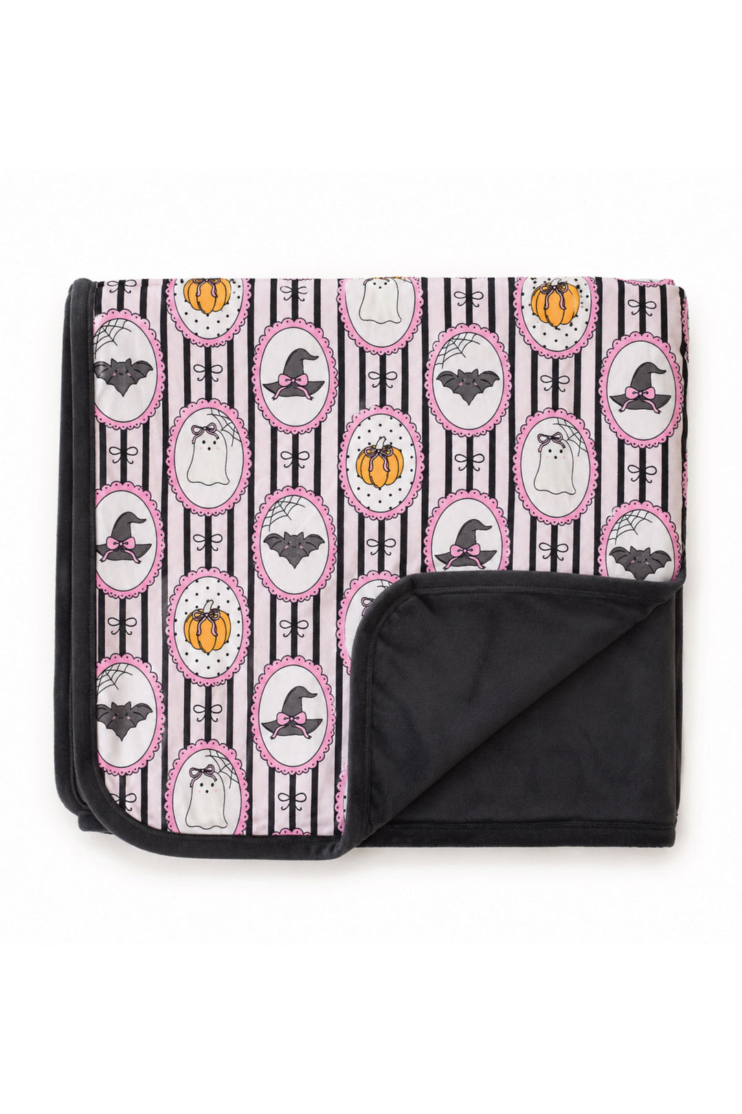 Caden Lane pink and black striped bamboo blanket with ghost, bat, pumpkin, and witch hat cameo print