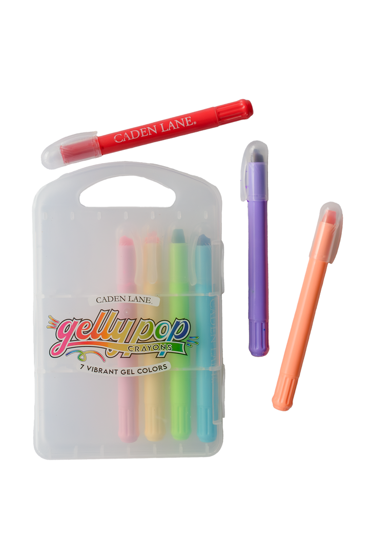Caden Lane Gelly Pop Crayons — 7 vibrant gel color crayon markers in clear travel case, with red, purple, and coral crayons shown outside the case on white background