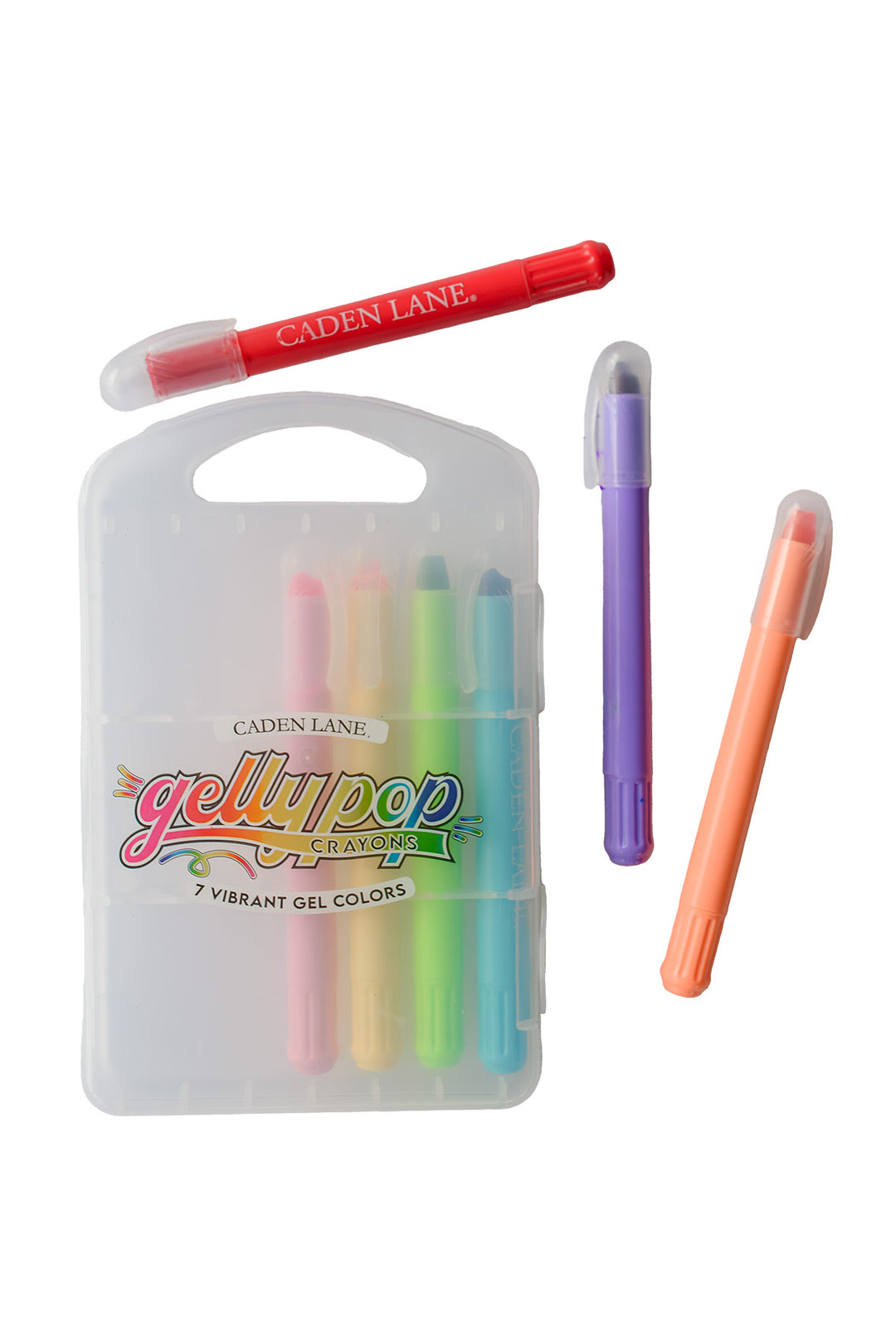 Caden Lane Gelly Pop Crayons — 7 vibrant gel color crayon markers in clear travel case, with red, purple, and coral crayons shown outside the case on white background