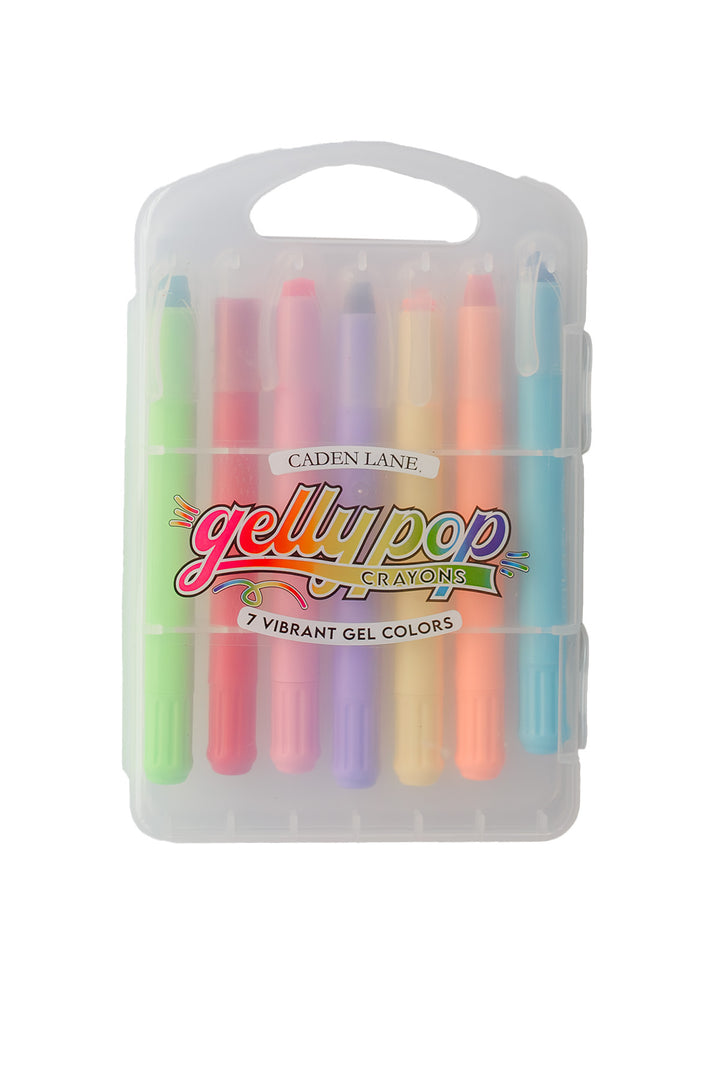 Caden Lane Gelly Pop Crayons 7-pack in clear plastic carrying case with handle, showing green, pink, purple, yellow, orange, and blue gel crayon tips