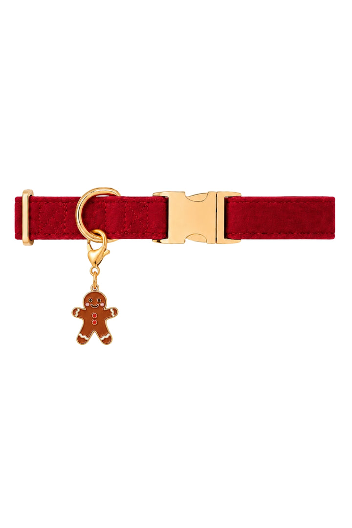 Lane & Leash red suede collar with gold buckle and enamel gingerbread man charm