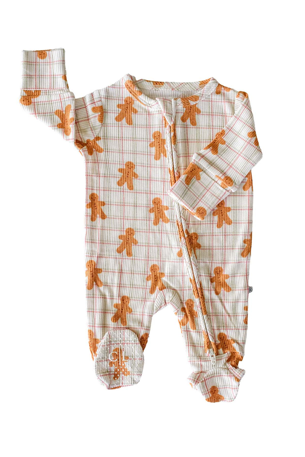 Caden Lane bamboo convertible zipper romper in a festive gingerbread cookie plaid print with fold-over cuffs and convertible footies, offering a soft, breathable one-piece for newborns and babies during the Christmas season.