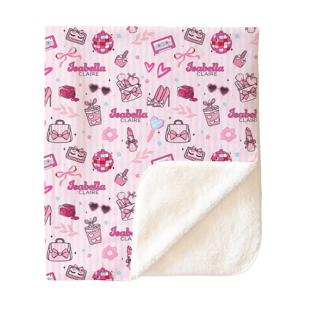 pink girly themed personalized sherpa blanket for kids 