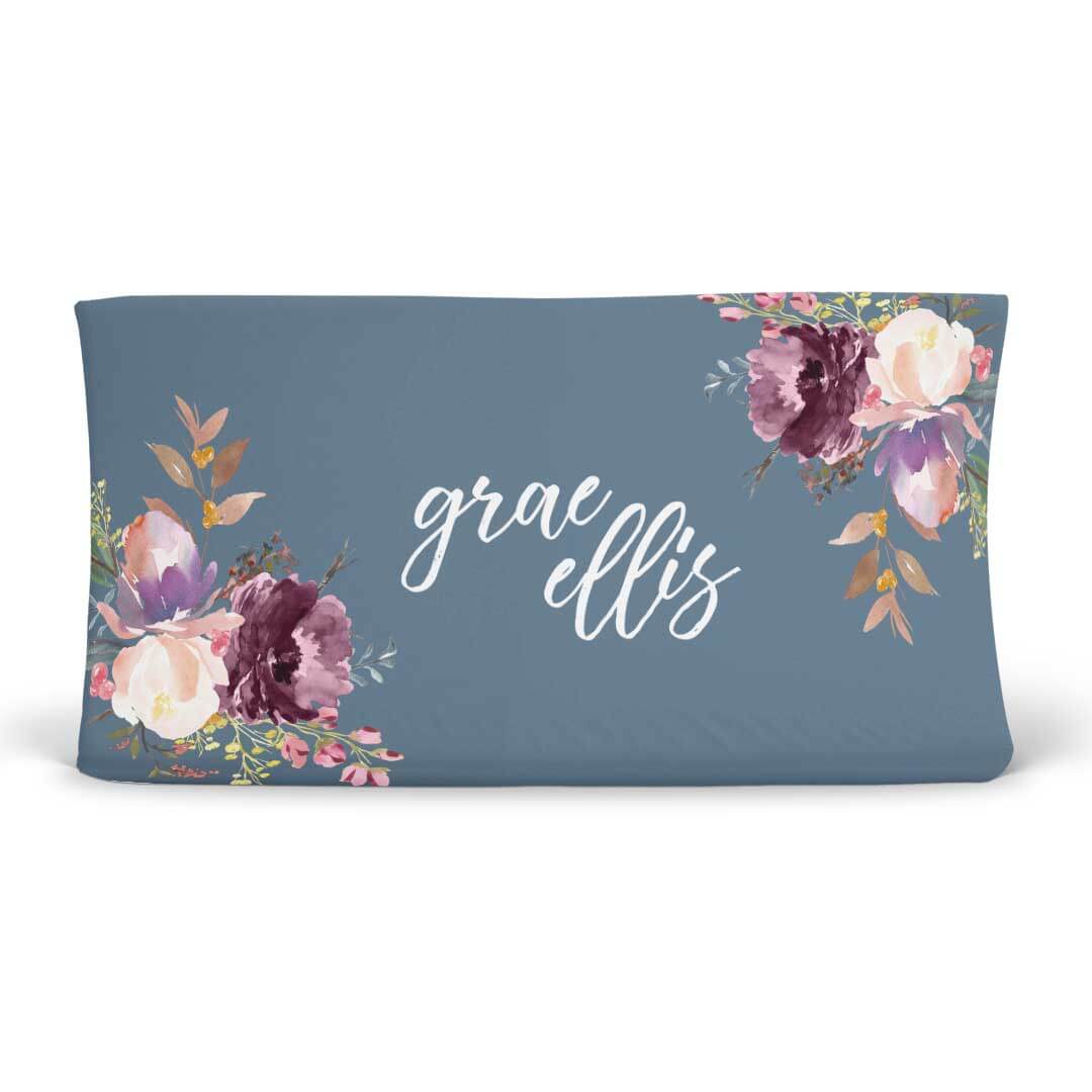 dusty blue floral personalized changing pad cover