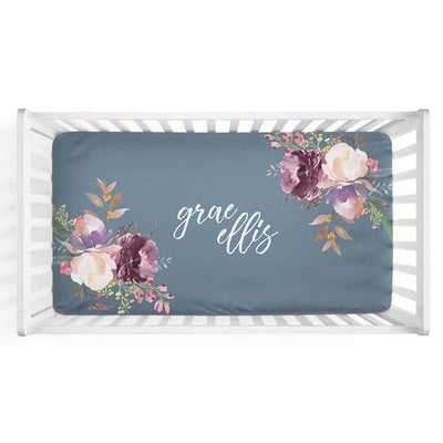 dusty blue floral personalized crib sheet 