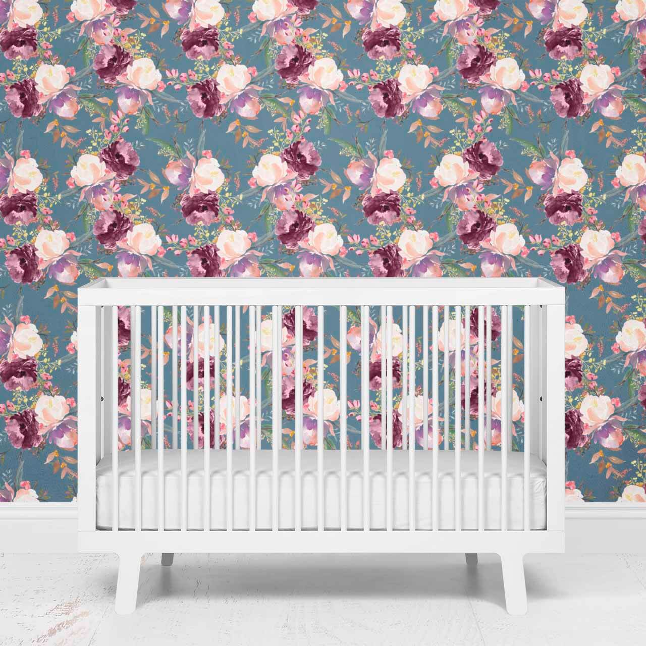 nursery wall paper blue with pink floral 
