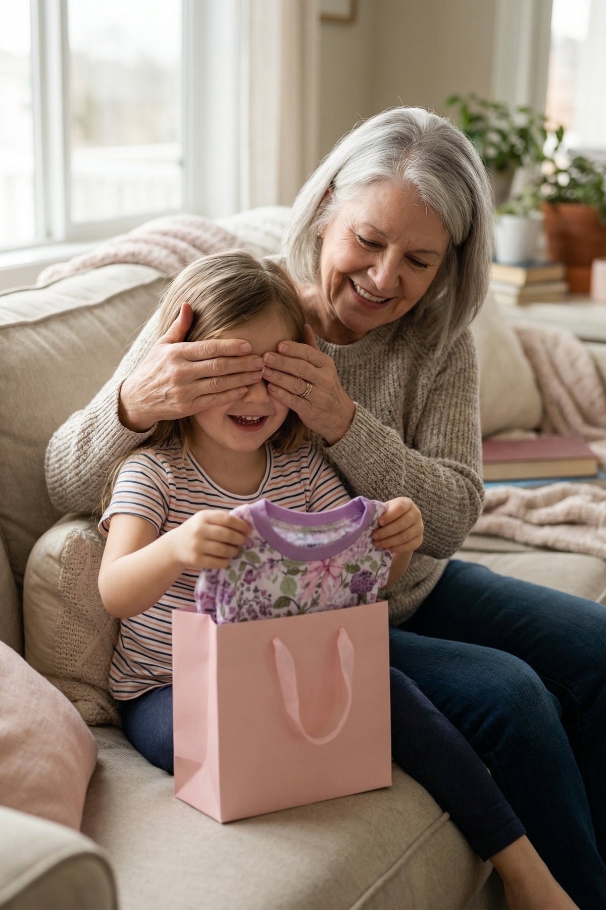 Grandmother gifting her granddaughter Caden Lane purple floral pajamas