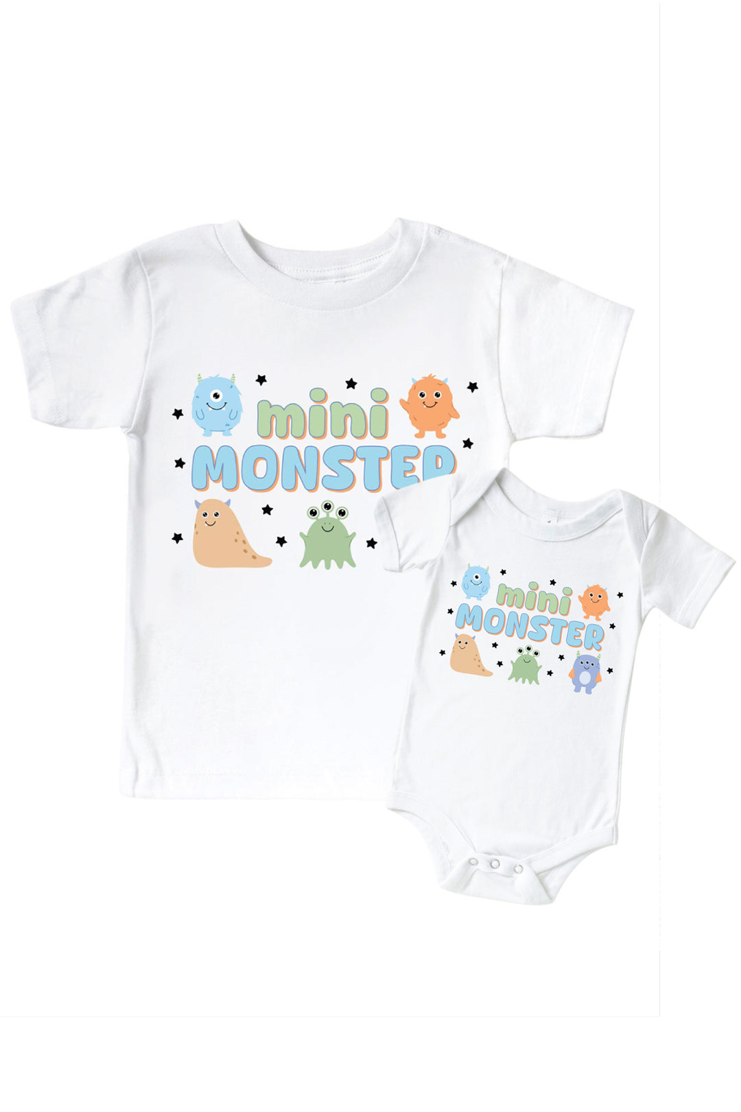 Caden Lane matching white "Mini Monster" t-shirt and onesie set with blue, orange, tan, green, and purple cartoon monsters and stars