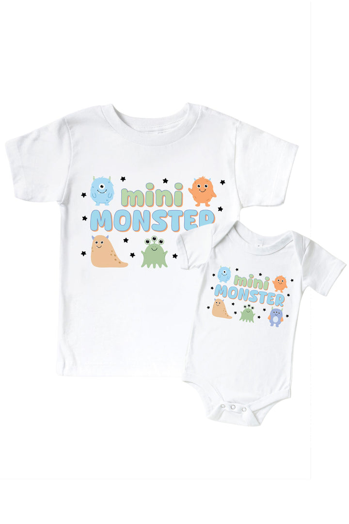 Caden Lane matching white "Mini Monster" t-shirt and onesie set with blue, orange, tan, green, and purple cartoon monsters and stars