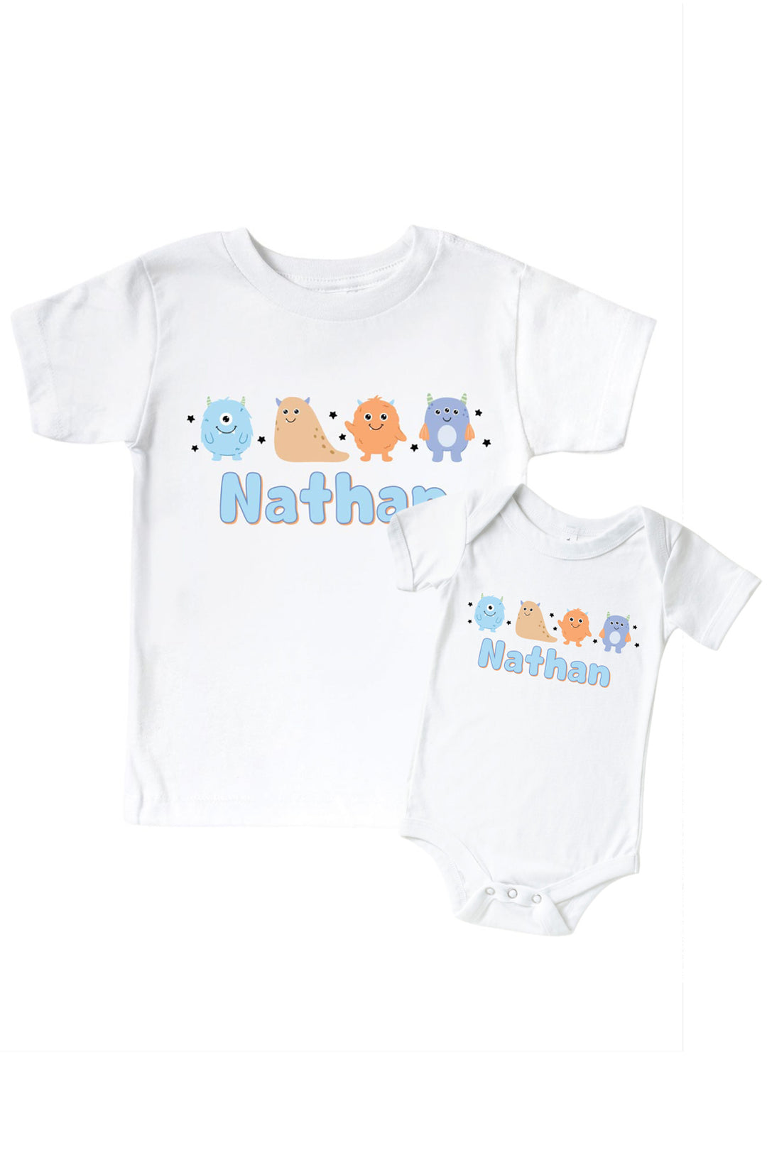 Caden Lane matching white "Nathan" t-shirt and onesie set with a row of blue, tan, orange, and purple cartoon monsters and stars
