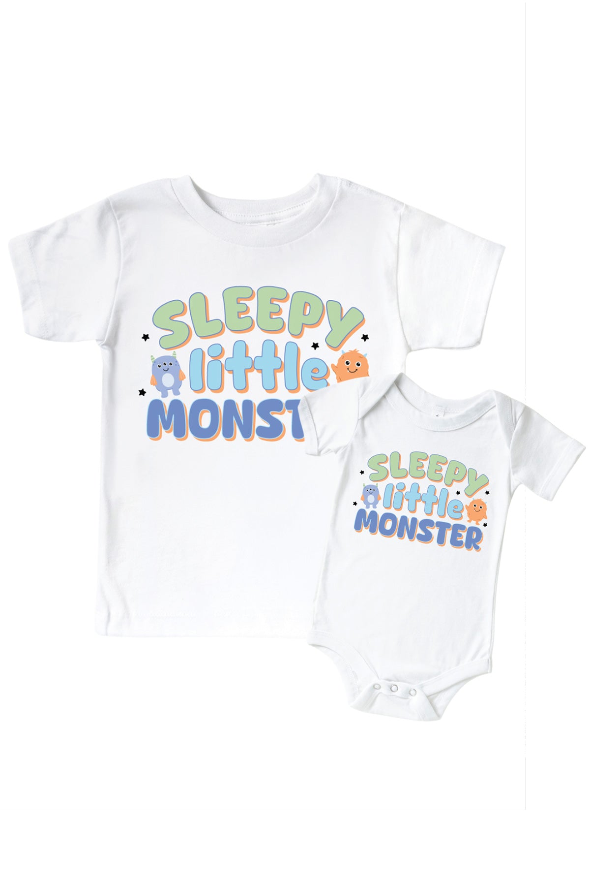 'Sleepy Little Monster' Baby Graphic Bodysuit or Kids' Graphic Tee | Mini Monster Blue