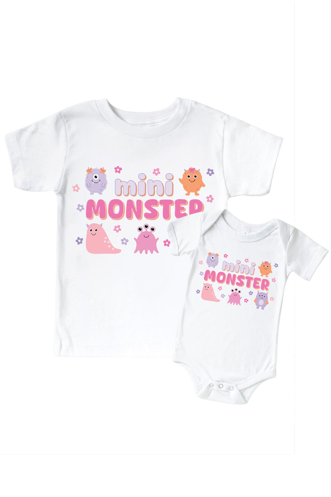 Caden Lane matching white "Mini Monster" t-shirt and onesie set with pink, purple, and orange cartoon monsters and flowers