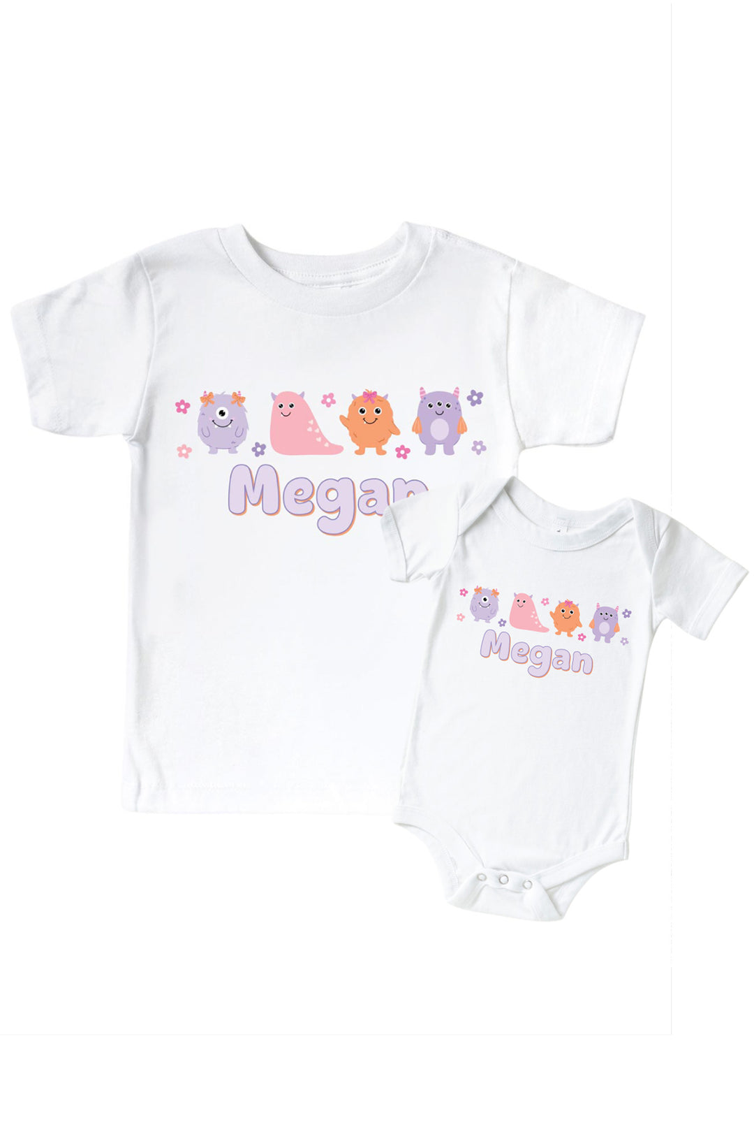 Caden Lane matching white "Megan" t-shirt and onesie set with a row of pink, purple, and orange cartoon monsters and flowers