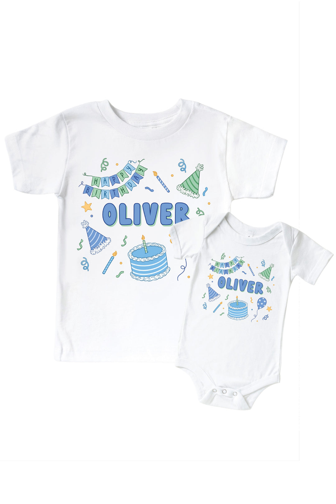 Caden Lane personalized Birthday Bash matching sibling shirt set in white, featuring a blue and green "Happy Birthday" banner, party hats, cake, and the name "Oliver" in blue on both a kids' t-shirt and a baby bodysuit.
