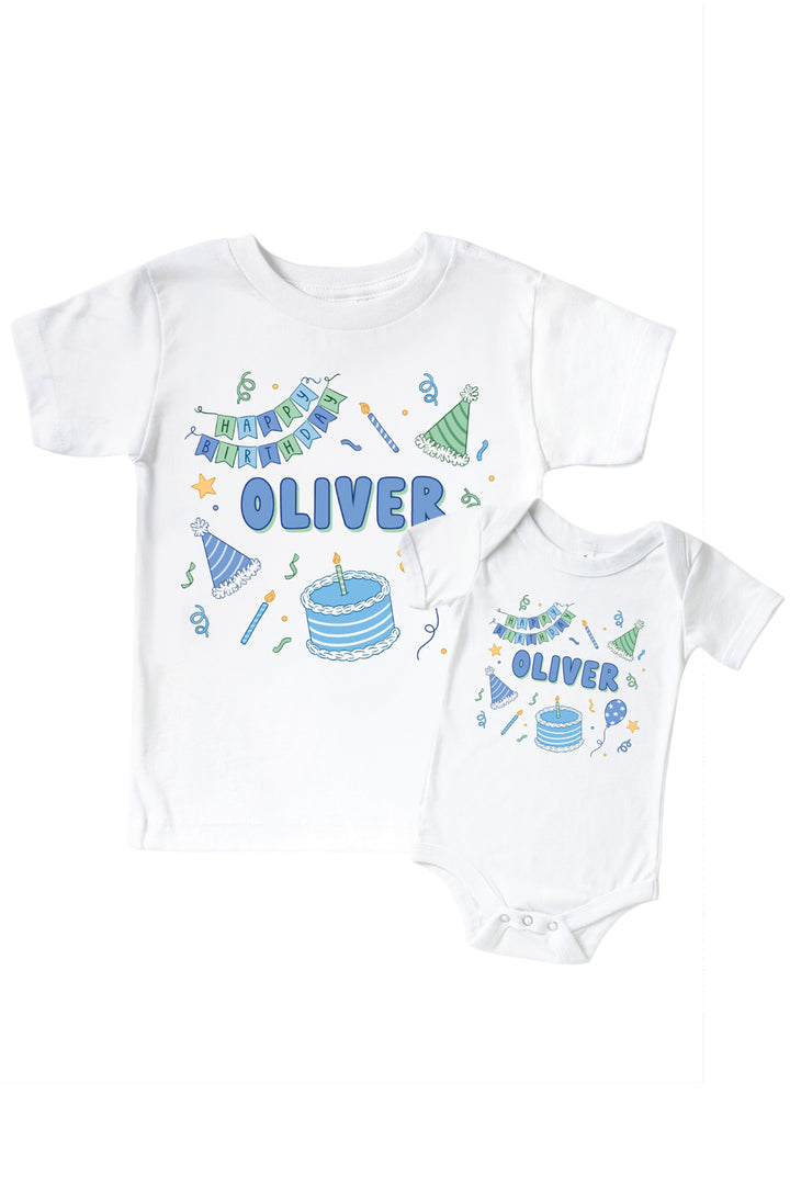 Caden Lane personalized Birthday Bash matching sibling shirt set in white, featuring a blue and green "Happy Birthday" banner, party hats, cake, and the name "Oliver" in blue on both a kids' t-shirt and a baby bodysuit.