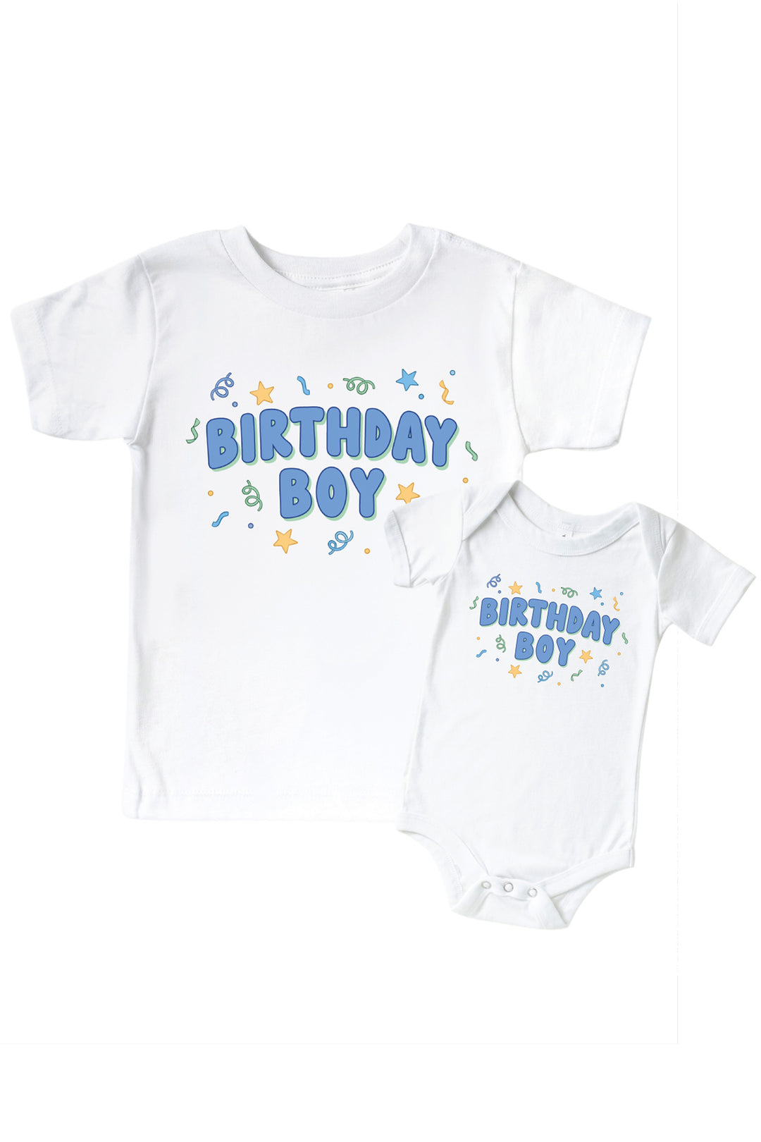 Caden Lane Birthday Bash matching sibling shirt set in white with "Birthday Boy" printed in blue bubble letters and confetti accents, on both a kids' t-shirt and a baby bodysuit.