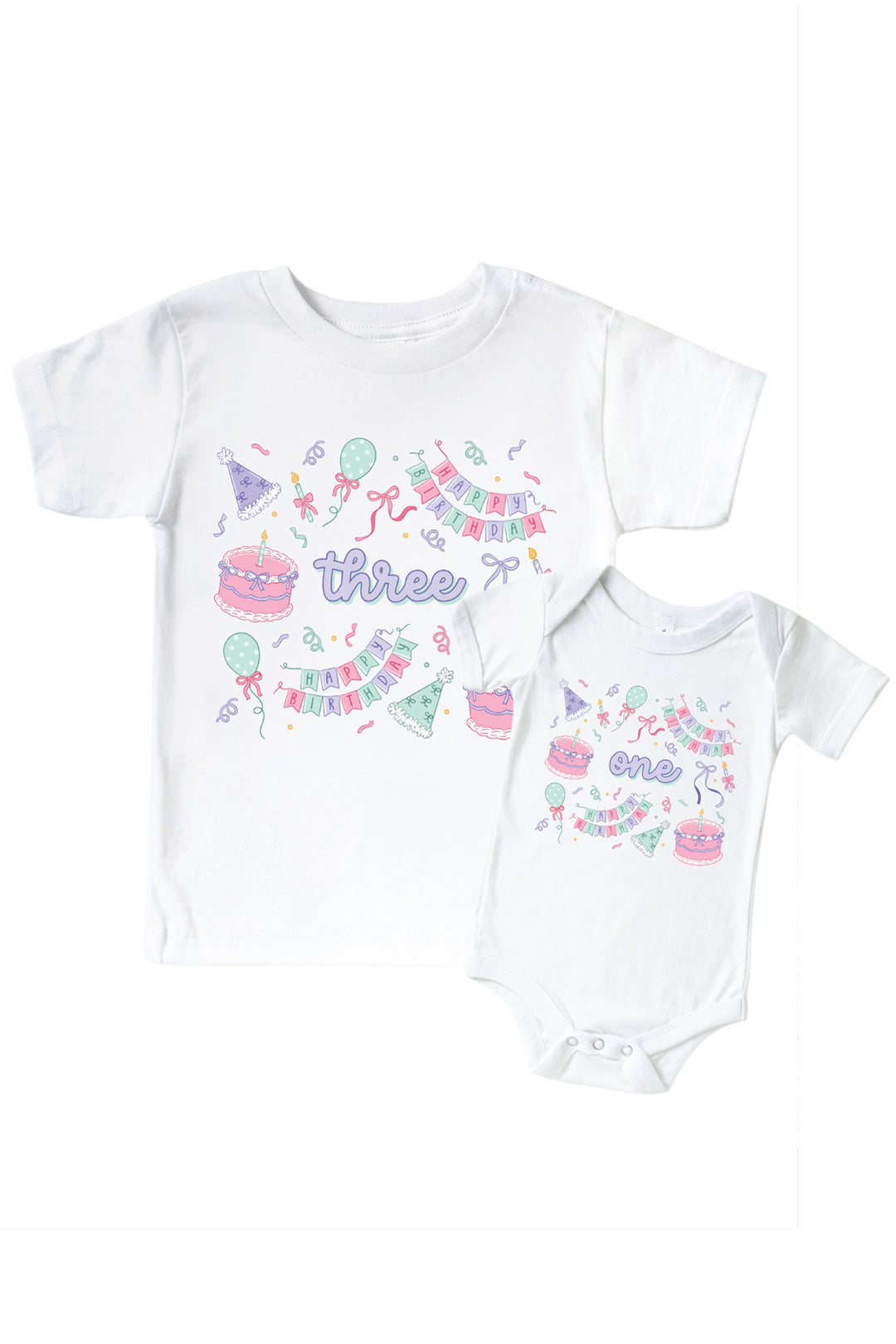 Caden Lane Birthday Bash matching sibling shirt set in white with "three" in purple script and "one" on the baby bodysuit, both surrounded by cake and party hat print in pink and mint.