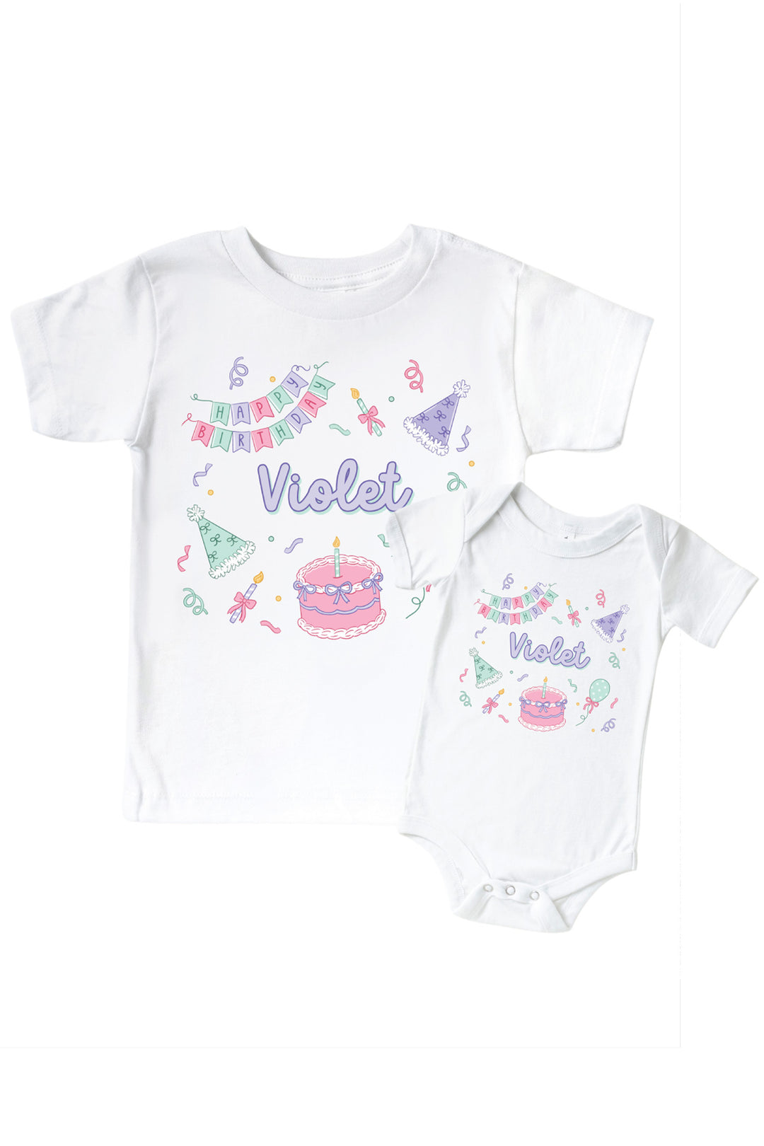 Caden Lane personalized Birthday Bash matching sibling shirt set in white, featuring a pink "Happy Birthday" banner, party hats, cake, and the name "Violet" in purple on both a kids' t-shirt and a baby bodysuit.