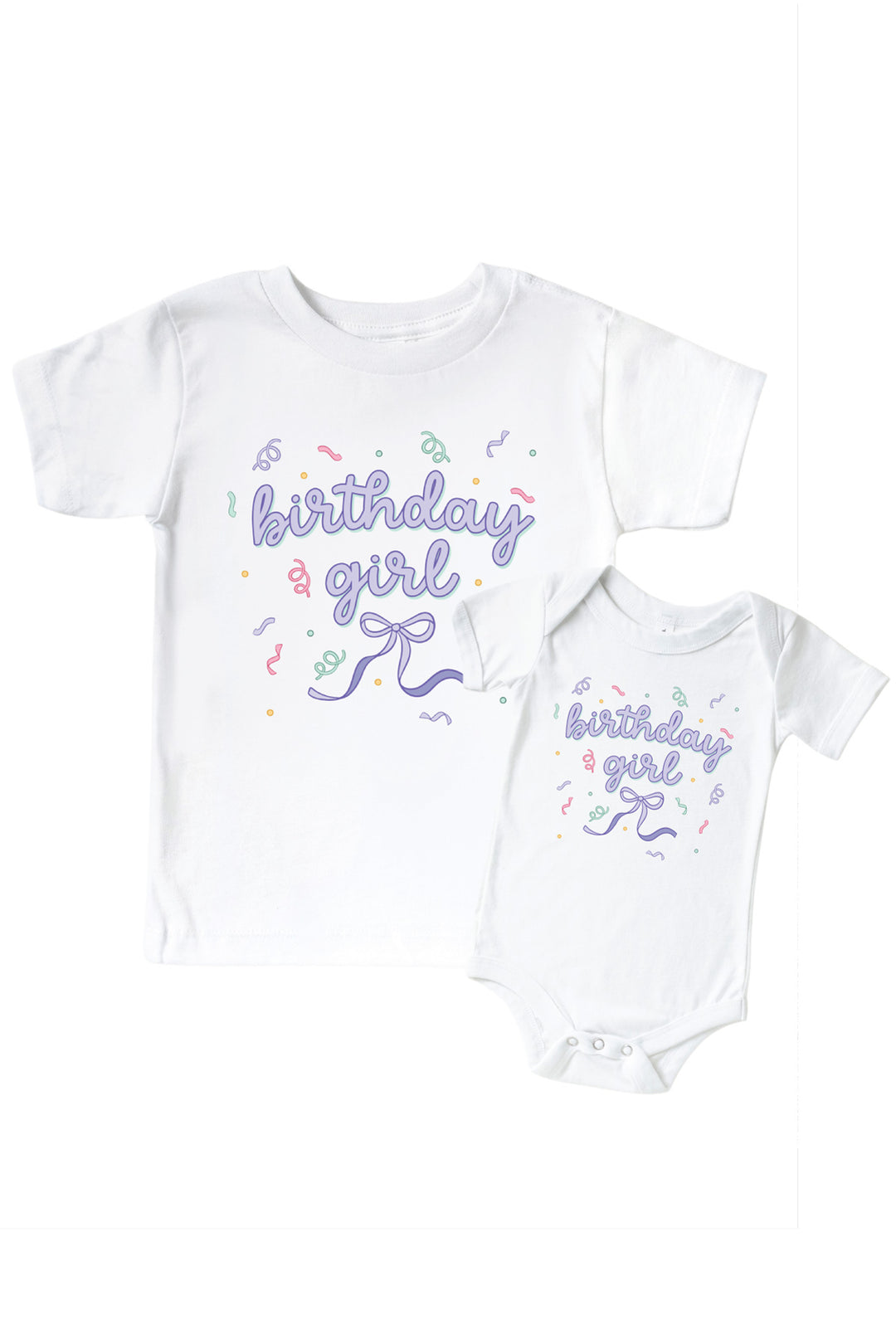 Caden Lane Birthday Bash matching sibling shirt set in white with "birthday girl" in purple script, a bow, and confetti accents, on both a kids' t-shirt and a baby bodysuit.