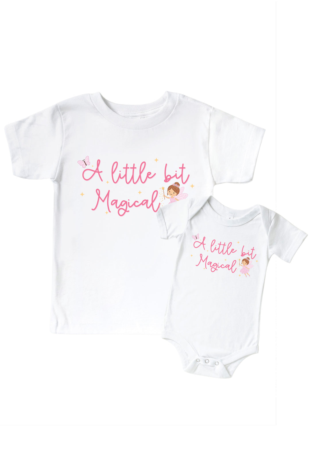 Fairy Wishes white kids' tee and baby bodysuit with 'A Little Bit Magical' in pink script and a fairy