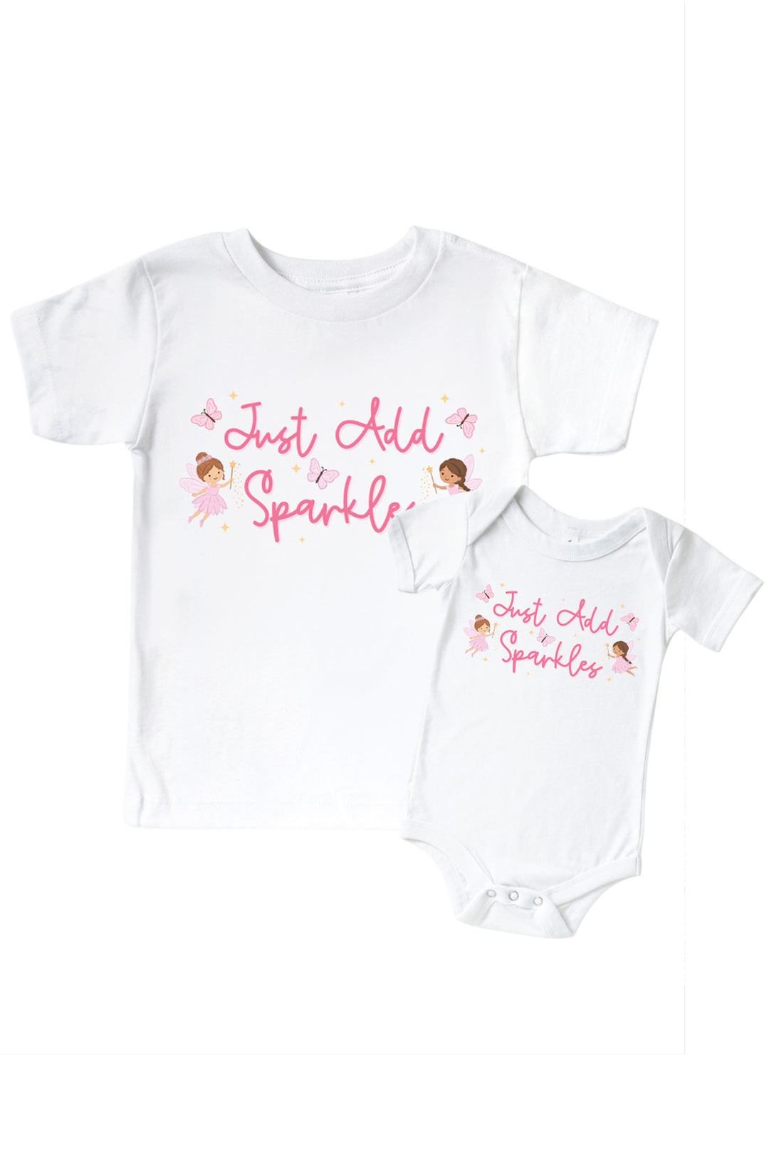 Fairy Wishes white kids' tee and baby bodysuit with 'Just Add Sparkles' in pink script, fairies and butterflies