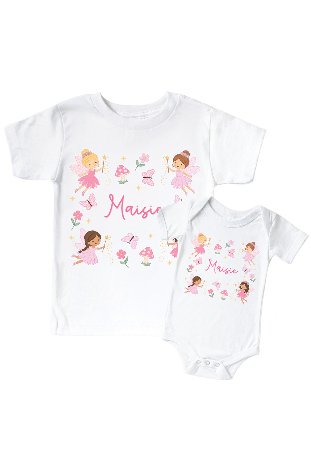 Personalized Fairy Wishes white kids' tee and baby bodysuit with pink fairies, mushrooms, butterflies and custom name in pink script