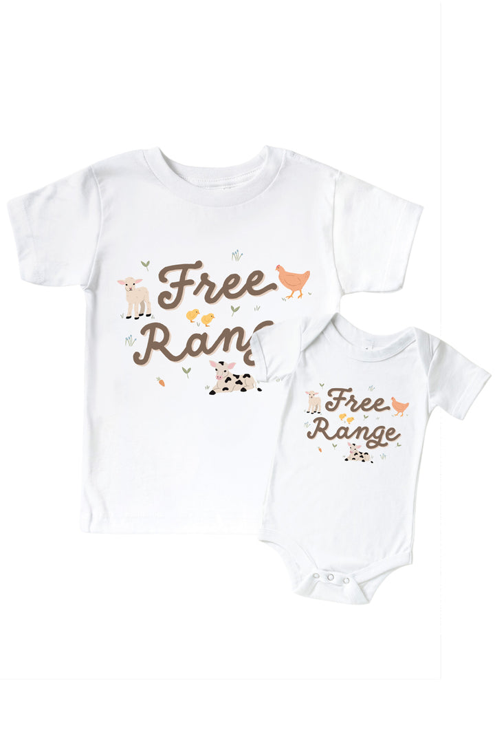 Caden Lane matching parent and child 'Free Range' farm shirts with lamb, chicken, chicks, and calf graphic