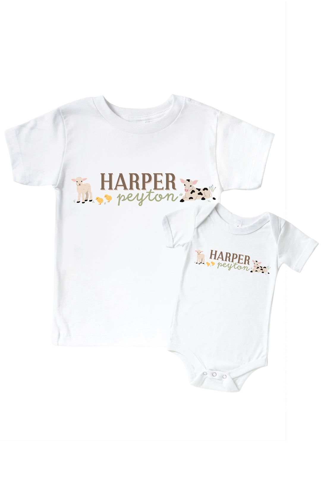Caden Lane matching parent and child personalized farm shirts with custom name 'Harper Peyton' and lamb, chicks, and calf design