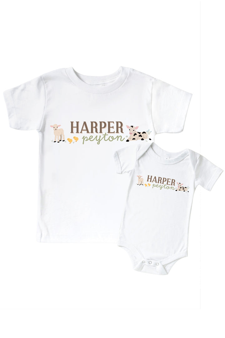 Caden Lane matching parent and child personalized farm shirts with custom name 'Harper Peyton' and lamb, chicks, and calf design