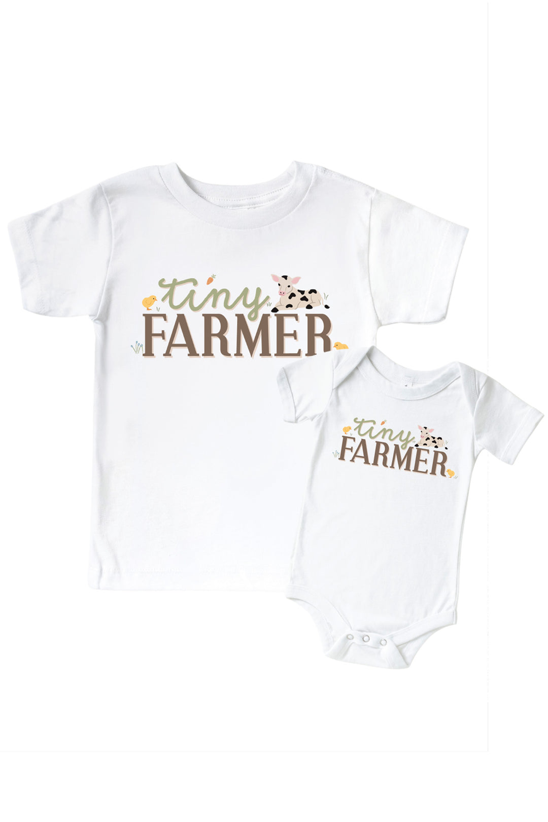 Caden Lane matching parent and child 'Tiny Farmer' shirts with calf and chick graphic