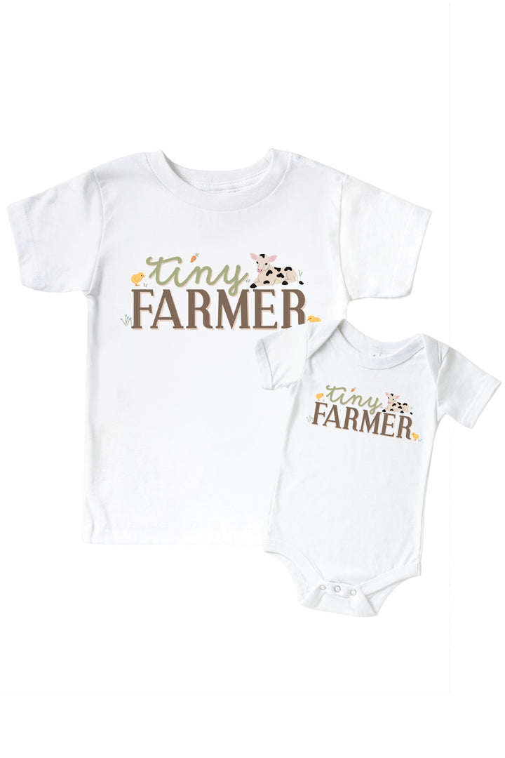 Caden Lane matching parent and child 'Tiny Farmer' shirts with calf and chick graphic