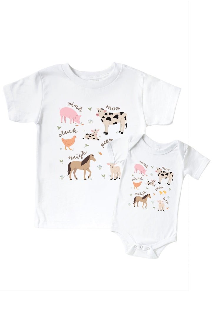 Caden Lane matching parent and child farm animal shirts featuring pig, cow, chicken, horse, and lamb with oink, moo, cluck, neigh, peep, and baa lettering