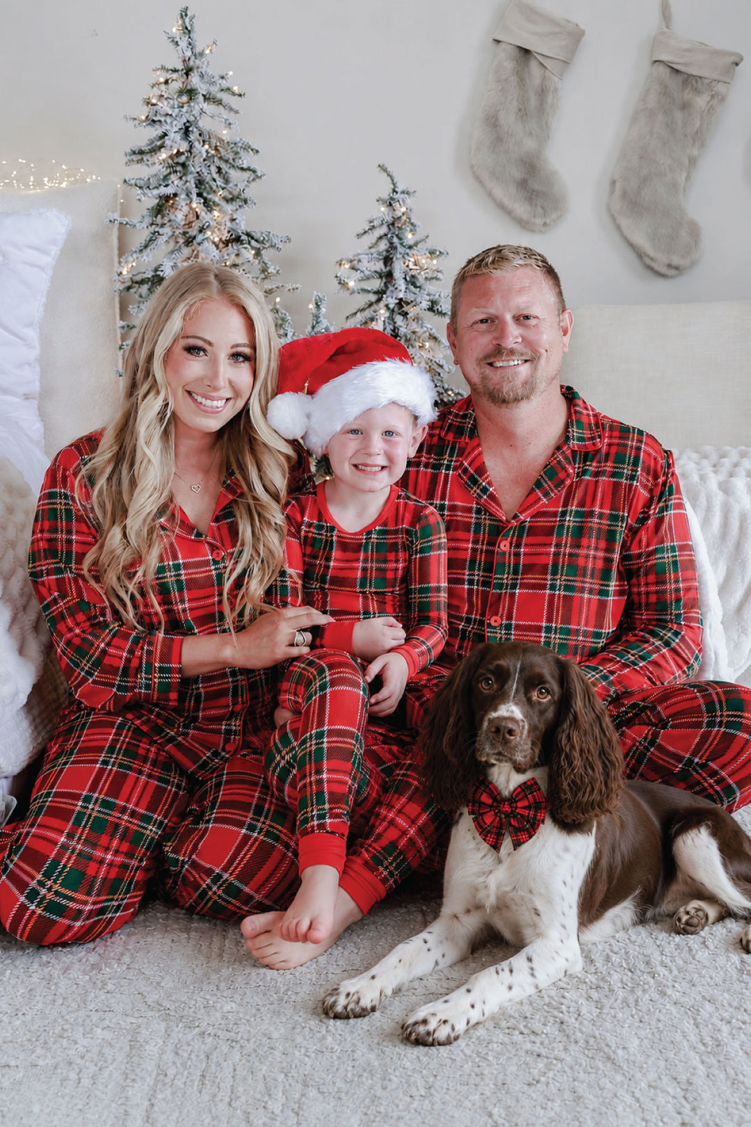 Lane & Leash matching family Christmas pajamas – red and green tartan plaid pjs for mom, dad, and kids with matching dog bandana