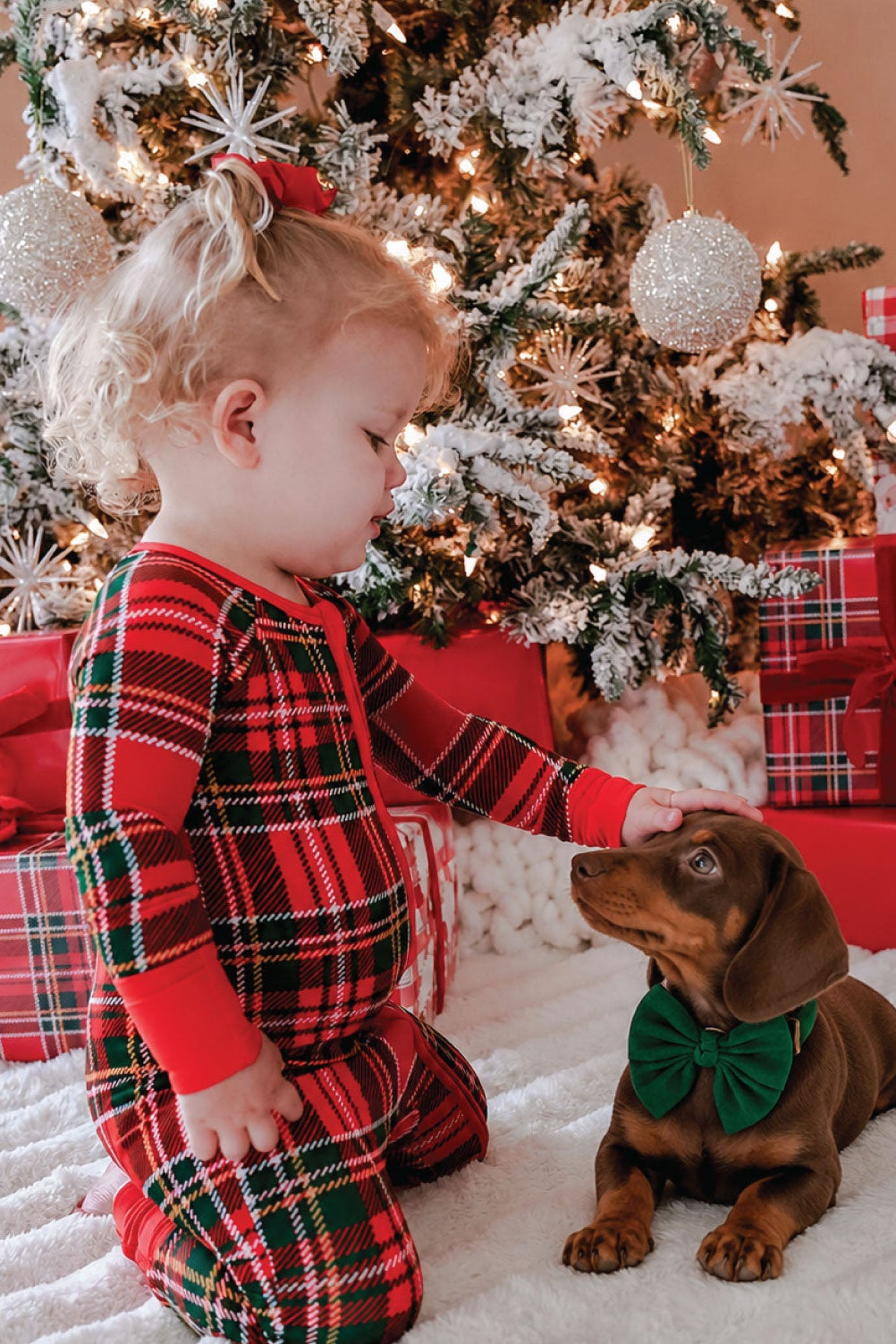 Toddler in plaid pajamas petting a dachshund puppy wearing a Lane and Leash green bow tie collar in front of a decorated Christmas tree