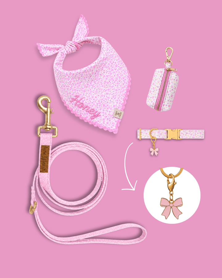 Pink floral pet accessories flatlay on pink background with bandana, poop bag holder, leash, and collar, featuring a pink bow charm highlighted in a circle callout