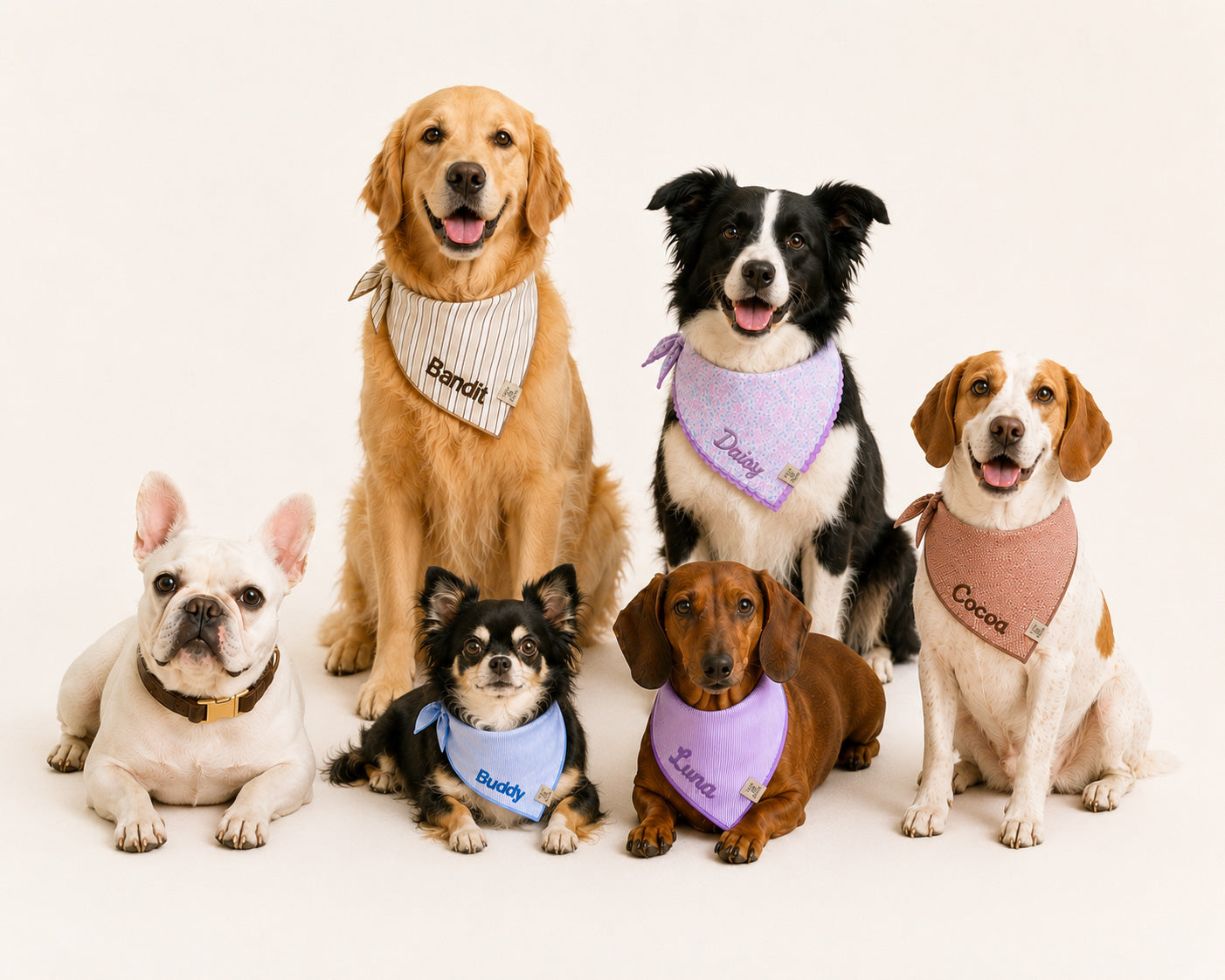 dogs wearing lane and leash embroidered bandanas