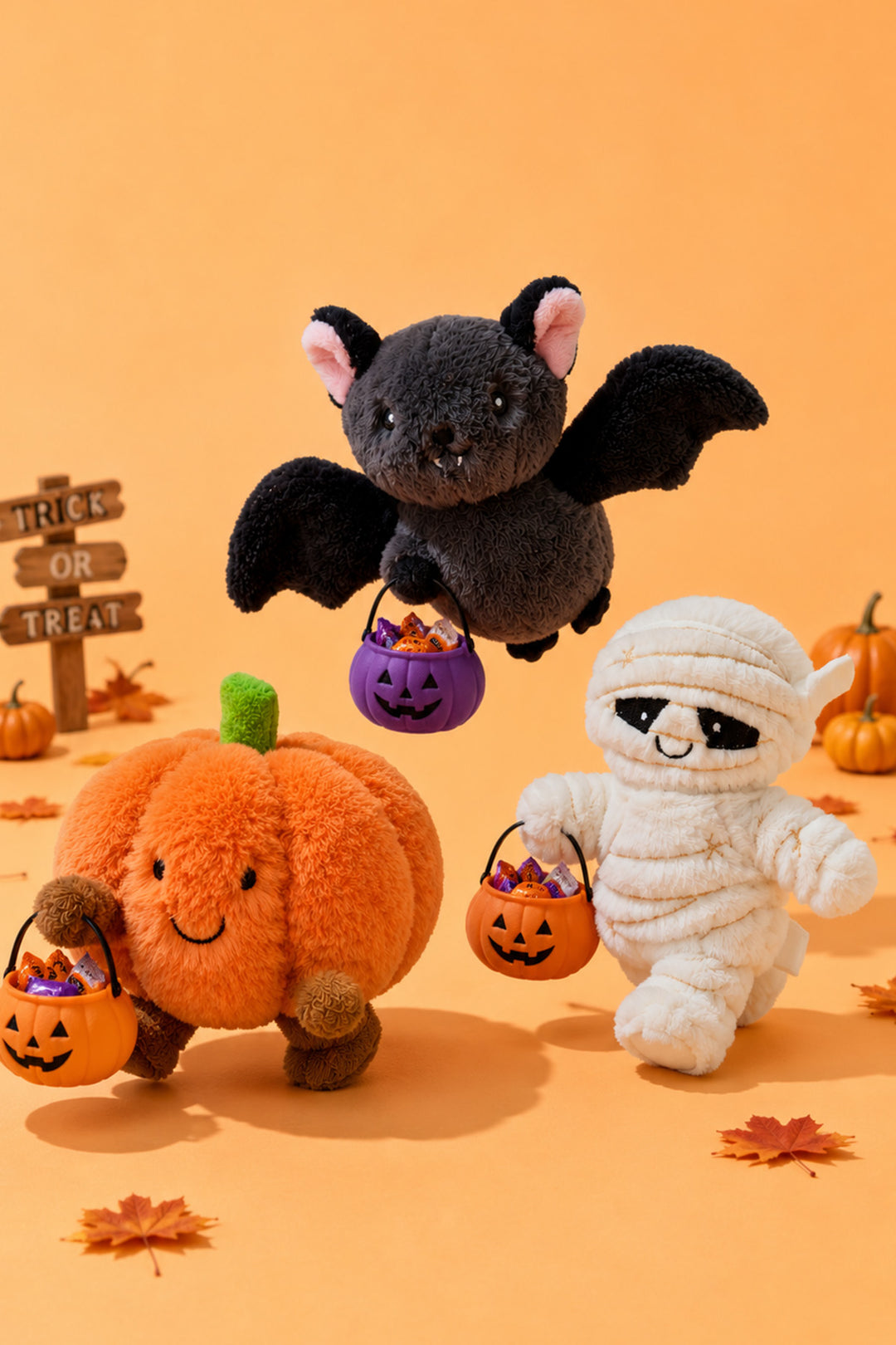 Caden Lane's bat, pumpkin, and mummy plush toys each hold a small jack-o'-lantern candy bucket filled with wrapped candy, set among fall leaves, mini pumpkins, and a wooden "Trick or Treat" sign.