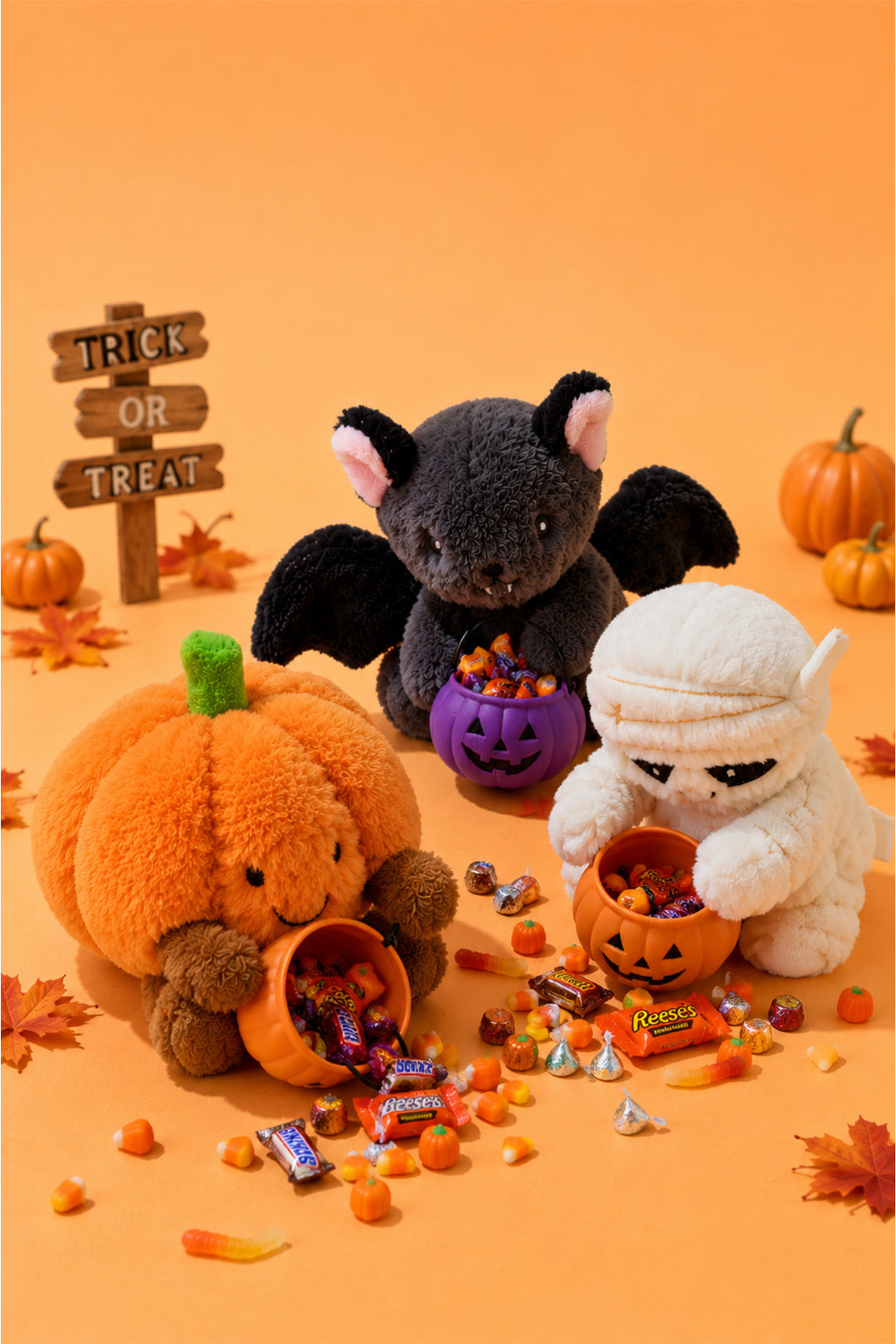 Caden Lane's pumpkin, bat, and mummy plush toys gather around spilled Halloween candy—including Reese's, Hershey's Kisses, candy corn, and gummy worms—with jack-o'-lantern buckets, a "Trick or Treat" sign, and mini pumpkins in the background.