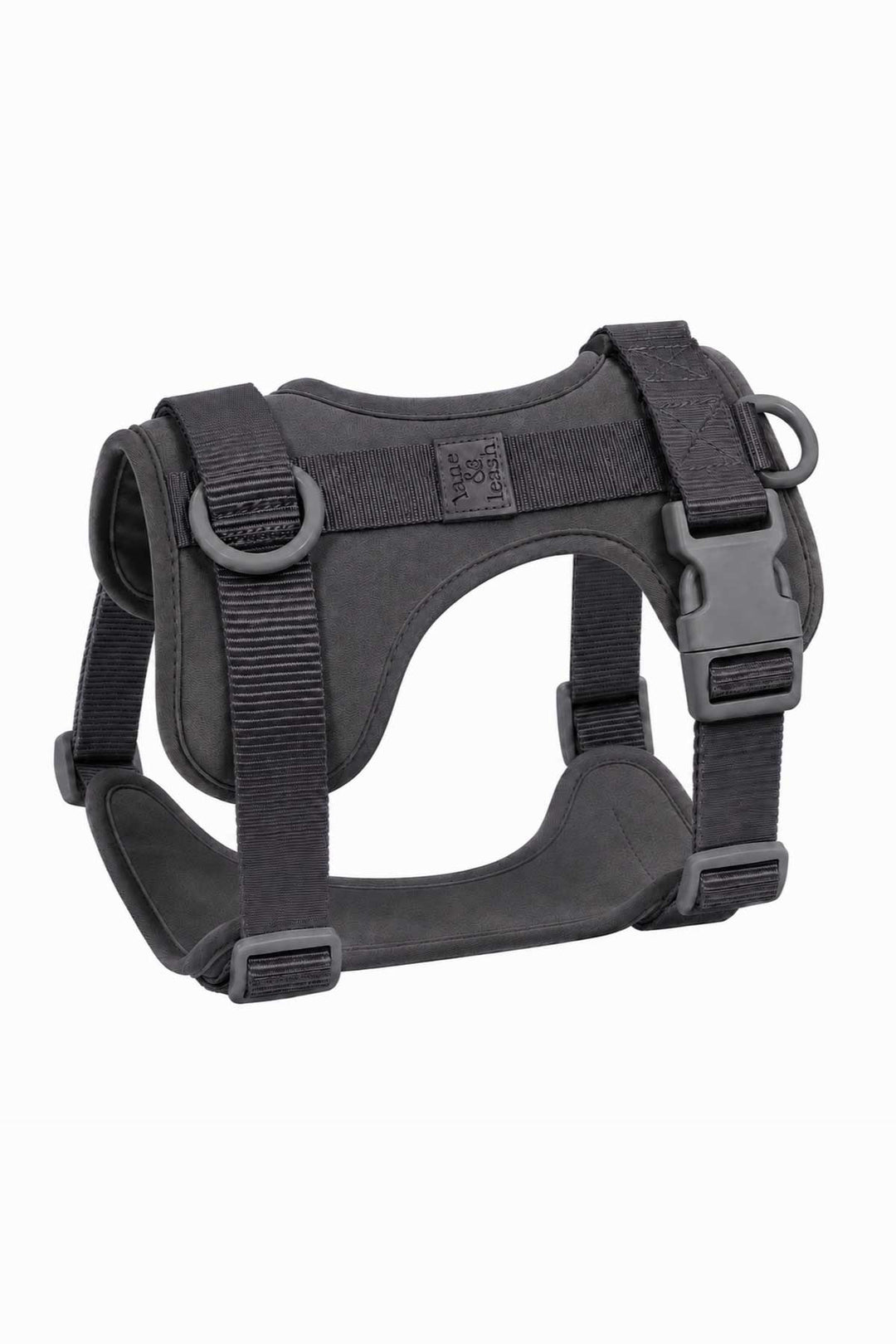 Padded dog harness in charcoal dark gray, showing structured design with adjustable buckle straps, D-rings, and padded chest panel on white background