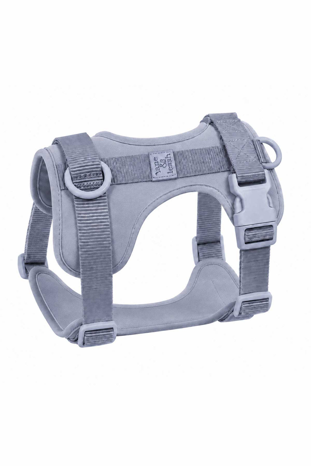 Padded dog harness in cloud blue gray, showing structured design with adjustable buckle straps, D-rings, and padded chest panel on white background
