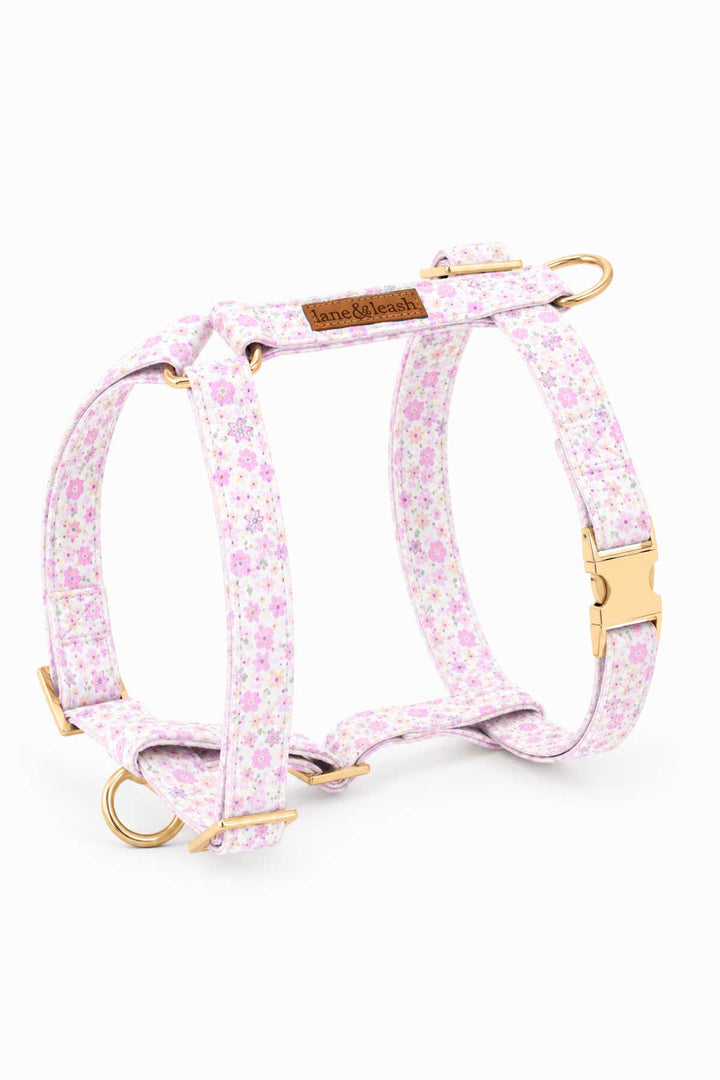 H-style strap dog harness in Scattered Blooms pink ditsy floral print with gold hardware buckles, D-rings, and Lane & Leash leather logo tag
