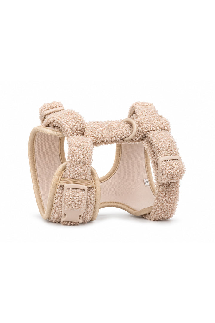 A beige Lane & Leash teddy fleece dog harness with adjustable straps and a padded interior, shown on a clean white background.