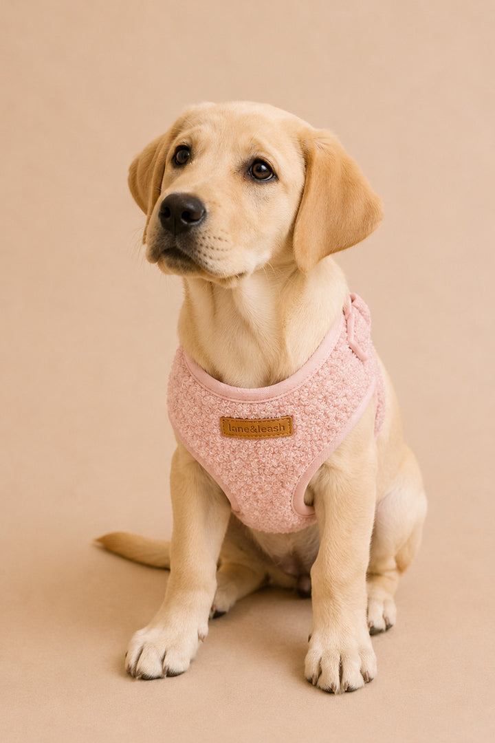 A light cream-colored Labrador Retriever sitting down, wearing a Lane & Leash pink textured fleece harness with a small tan leather brand patch that reads 'hemp & honey'. The background is a solid, warm beige studio backdrop.