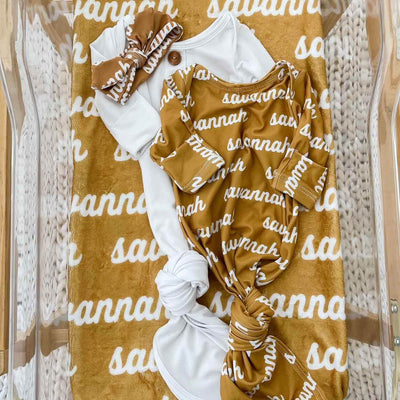 gold personalized newborn knot gown