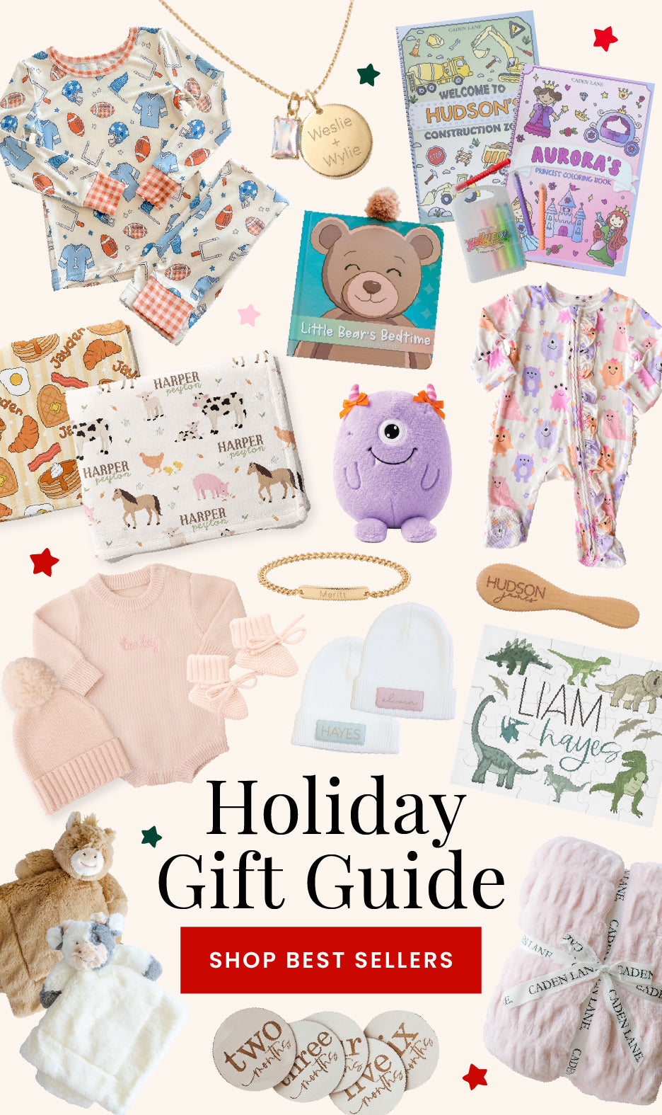 A collage of Caden Lane baby and kids gift items arranged on a light cream background with the text 'Holiday Gift Guide' and 'SHOP BEST SELLERS.' 