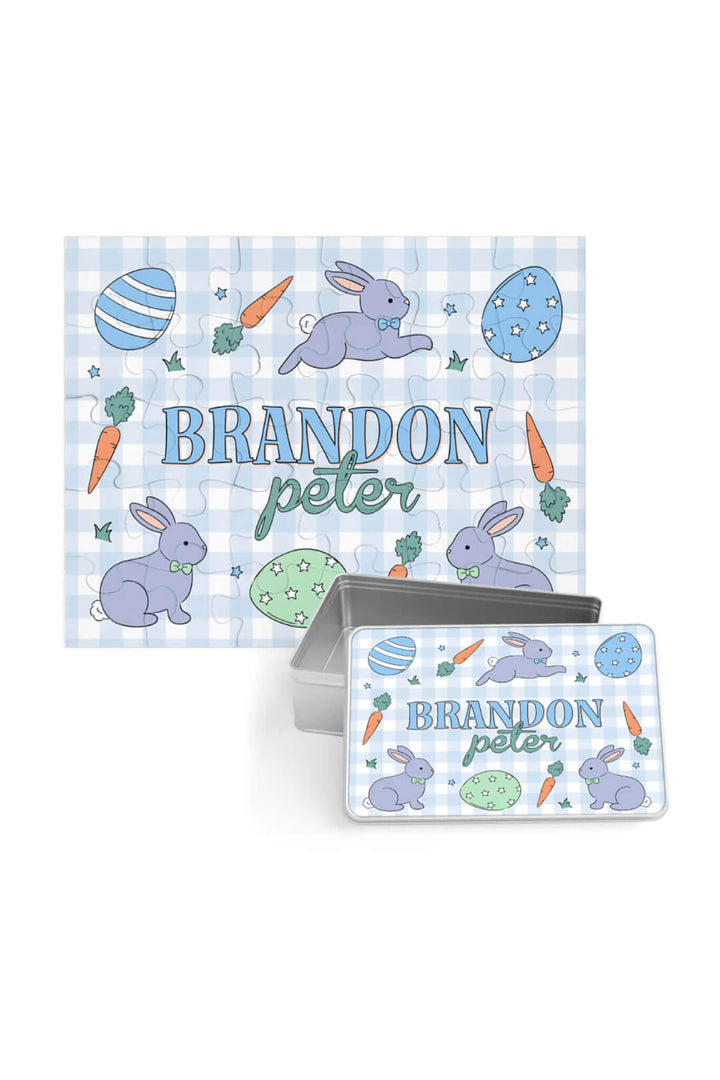 hoppy spring blue personalized puzzle for kids with matching tin 