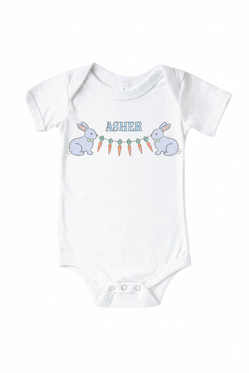 hoppy spring blue carrot garland personalized graphic bodysuit for babies 