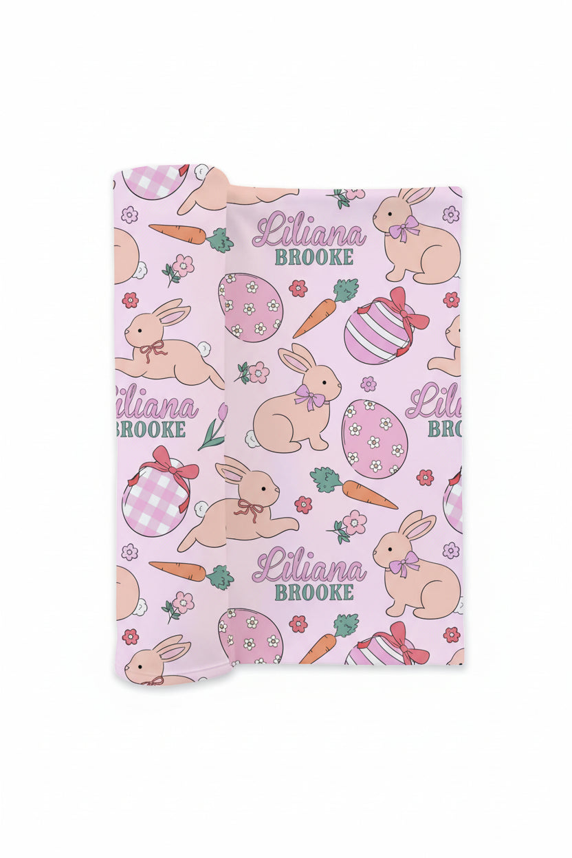 pink easter egg, bunny and carrot personalized swaddle blanket for baby girls 