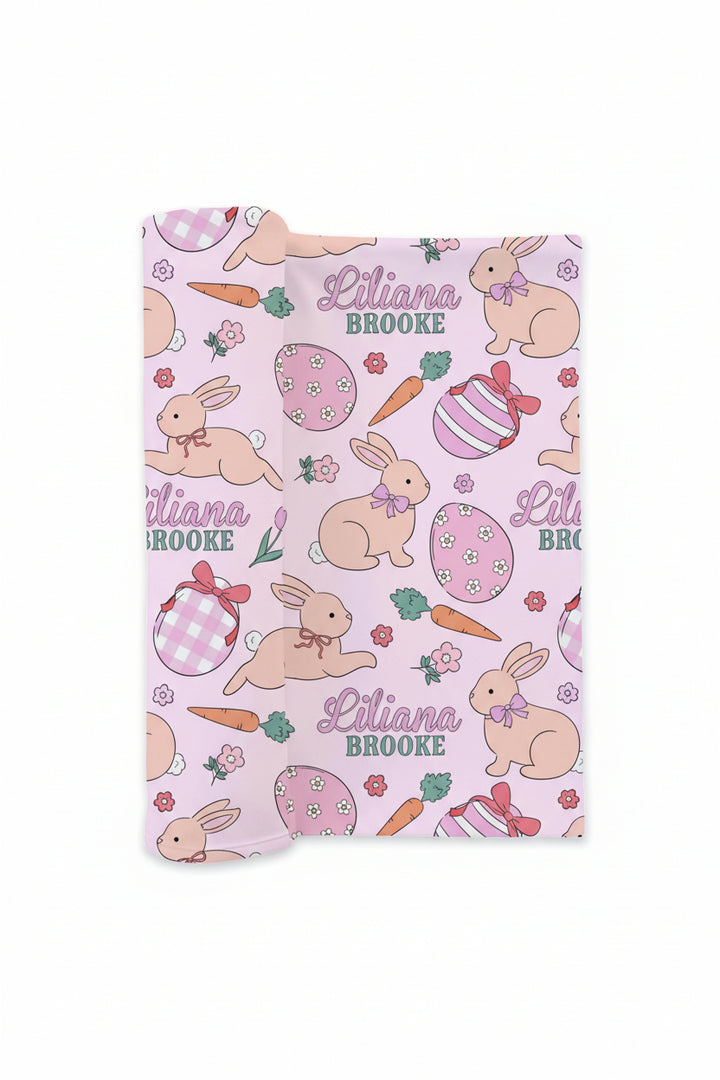 pink easter egg, bunny and carrot personalized swaddle blanket for baby girls 